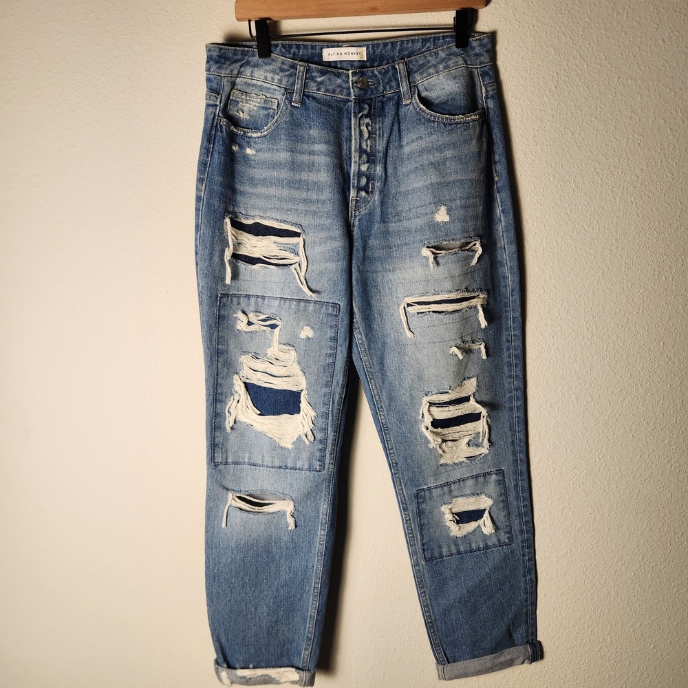 Flying Monkey Distressed High Rise Button Fly Jeans Blue Medium Wash. Size 29